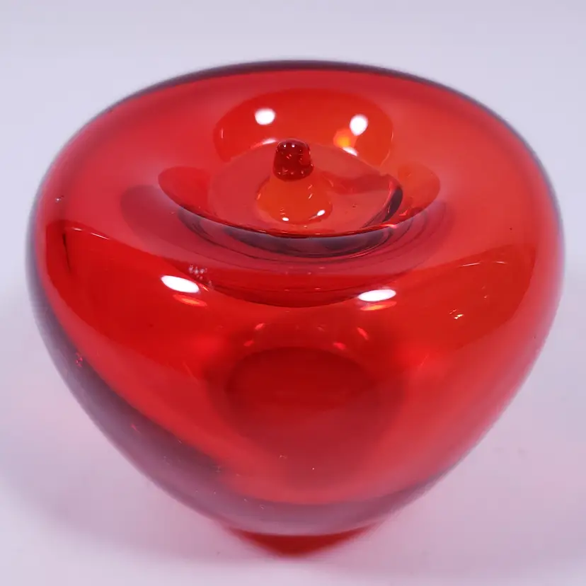 Vtg MCM BLENKO Ruby Red Amberina Hand Blown Glass Decor APPLE PAPERWEIGHT