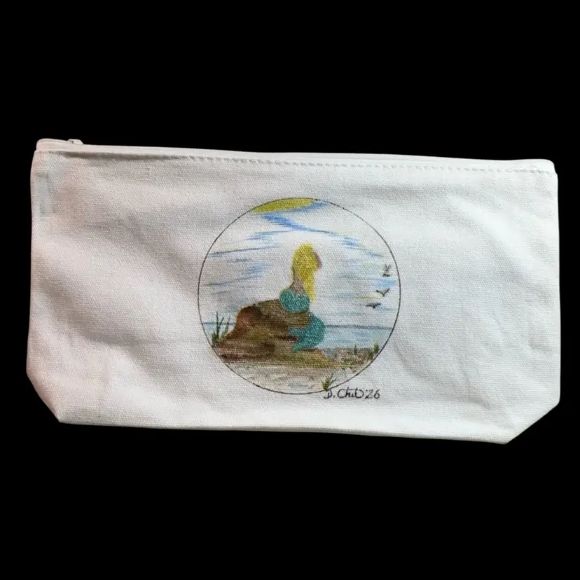 “Mermaid” Watercolor Original Pouch With Shimmering Mermaid On A Rock With A Sailboat Charm 10 1/2”x 5”x 2”