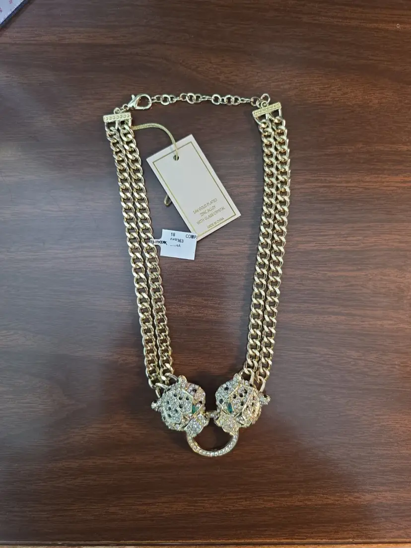 Gold Plate Dual Tiger Heads 13” Choker 3 3/8” Extender 14k Gold Plated NWT J02