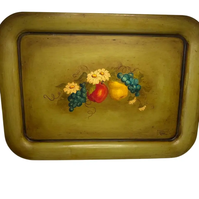 Antique Green Painted Metal Tray Hand painted Floral Grapes Apples And Pear Dated 1977 Signed 17 3/4x12 3/4