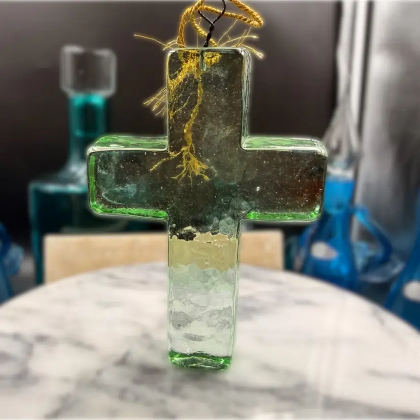 Vintage Green Glass Cross Ornament