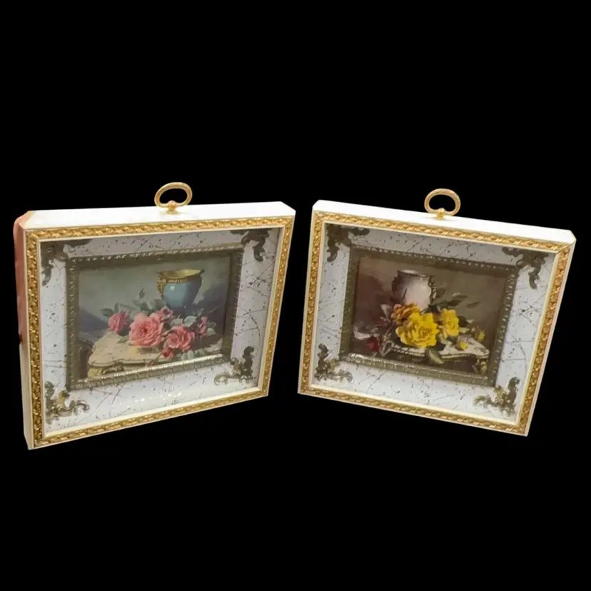 Mid-Century Rose Prints Turner Wall, Art Shadowbox Metal Frame Rare Pair 1960S