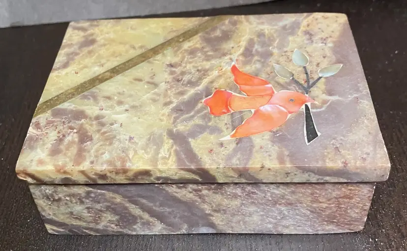 Soapstone and marble Trinket Box Inlaid Carnelian and Mother of Pearl