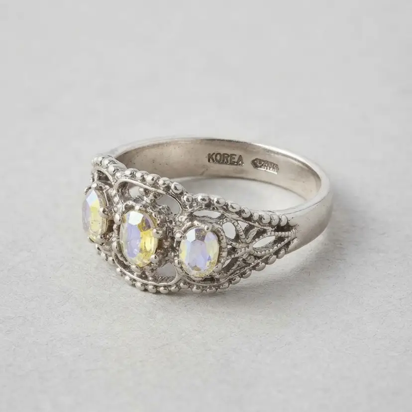 Three-Stone Aurora Borealis Rhinestone Filigree Ring Stamped KOREA (Size 6.25)