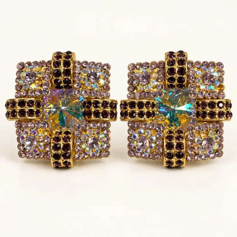 Purple & Aurora Borealis Rhinestone Statement Clip-On Earrings in Gold Tone