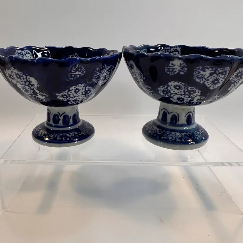 Pair Vintage Blue & White Pedestal Bowls