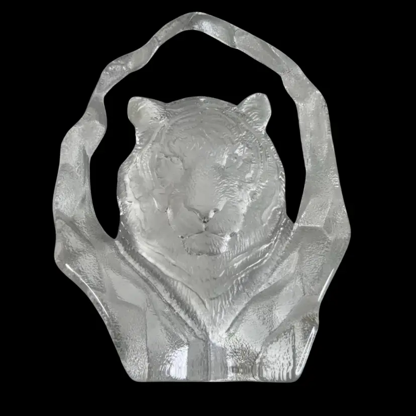 034. Mats Jonasson Sweden Glass Tiger Paperweight 6”