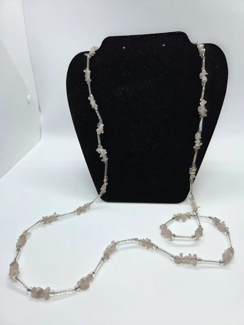 Vintage 39 1/2" Necklace with Rose Quartz Chips and Elongated Clear Bugle Beads