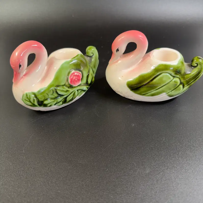 Pair Of Ceramic Swan Candleholders Made In Japan