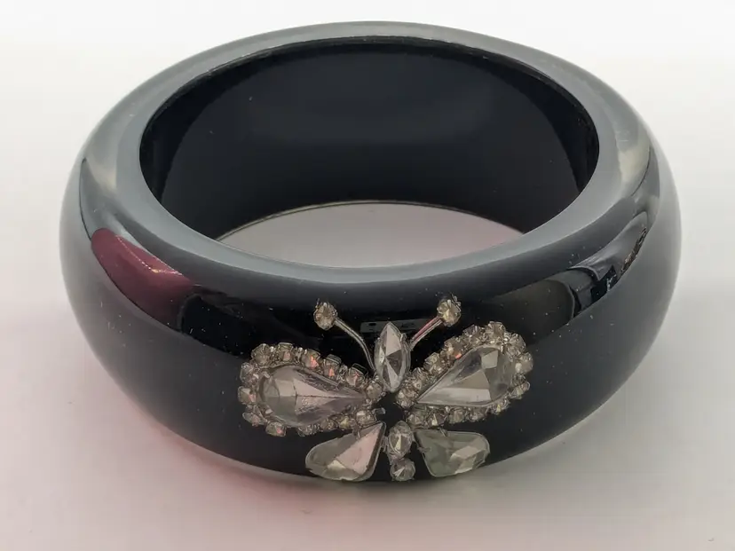 Chunky Black Resin Bangle with Rhinestone Butterfly NWOT