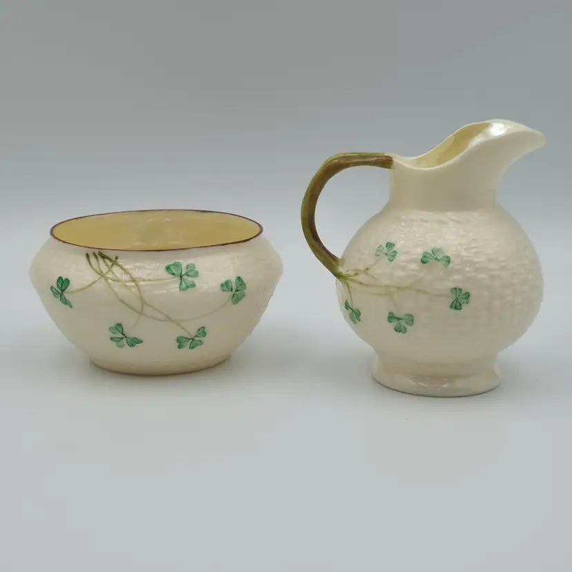 Belleek Basketweave Shamrock Creamer And Sugar