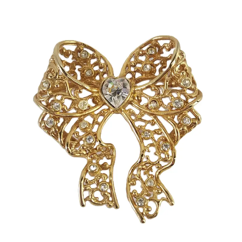 Vintage Large Filigree Bow Brooch w Swarovski Crystal Heart Museum Reproduction Pin - Smithsonian Institute / Avon + Gift Box