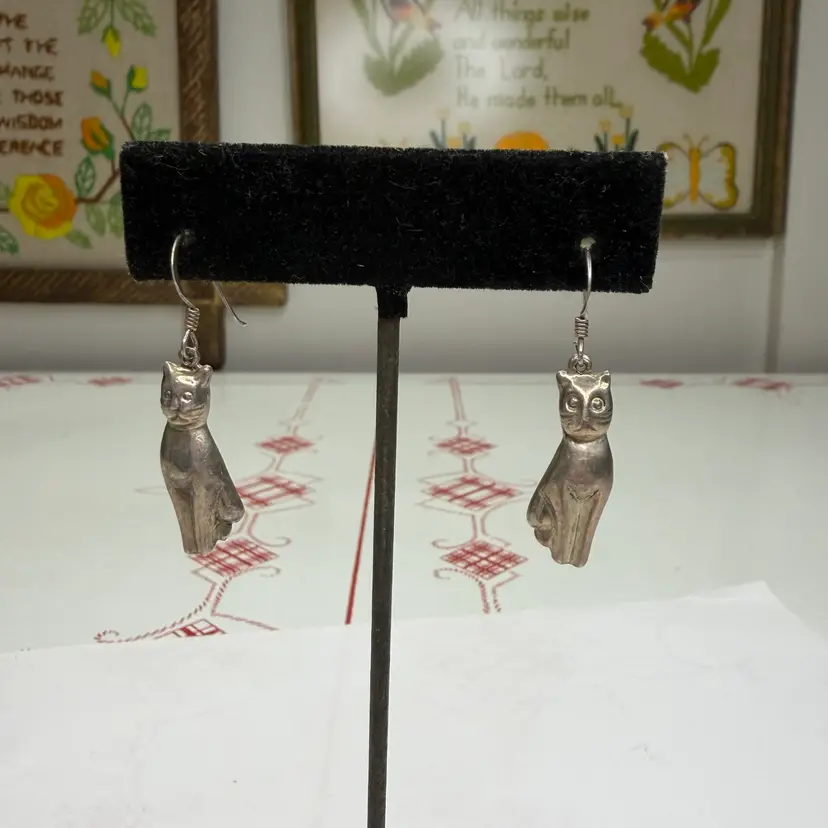 Cat Dangle Earrings Sterling Silver 925 Vintage