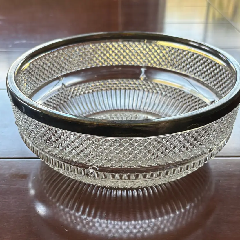 Vintage Falstaff pressed glass bowl with silver-plated rim, manufactured in England, circa 1950s–1970s.