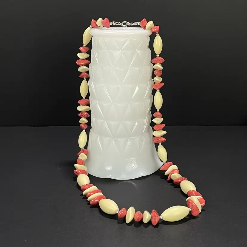 Pink and Cream Plastic Coated Funky Bead Statement Necklace Vintage 24"