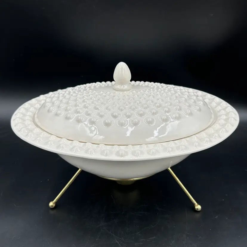 Hoenig California No. 11 White Hobnail Soup Tureen w/ Brass Warmer Stand USA