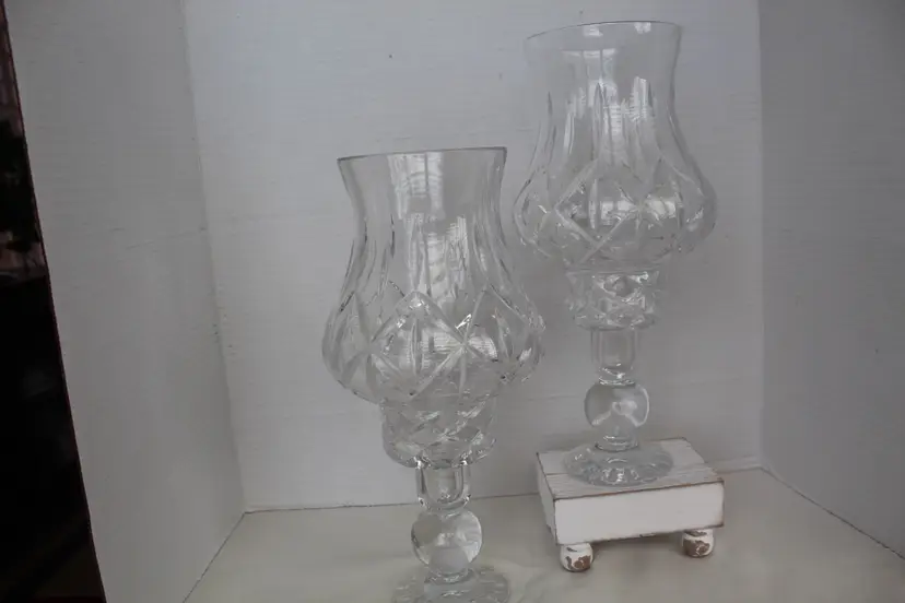 Pair of Vintage Block Crystal Olympic Hurricane Candle Holders