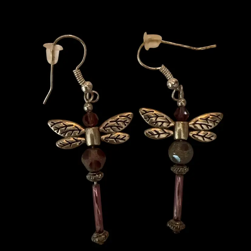 Purple Dragonfly Glass Bead Earrings
