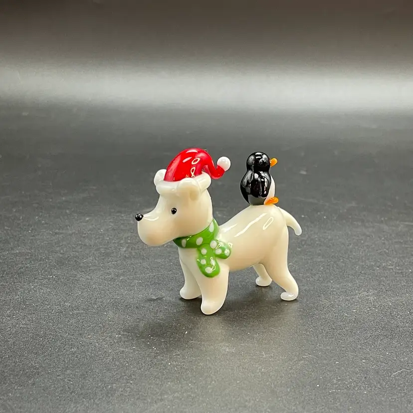 Pier 1 Glass Dog & Penguin Christmas Figurine Opposites Attract Holiday Decor
