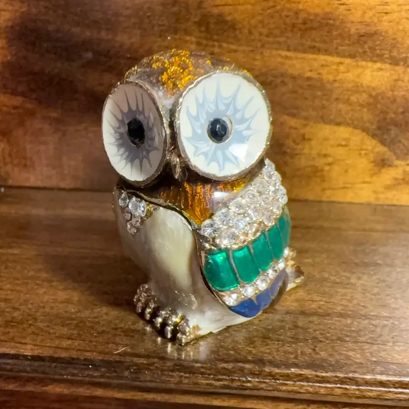 307. Enamel Saw Whet Owl Trinket Box Rhinestones Brown Beige Blue Green