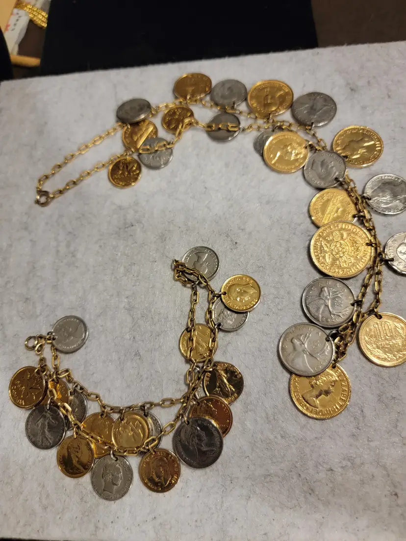 Demi-parure set with coin charm necklace with matching coin bracelet