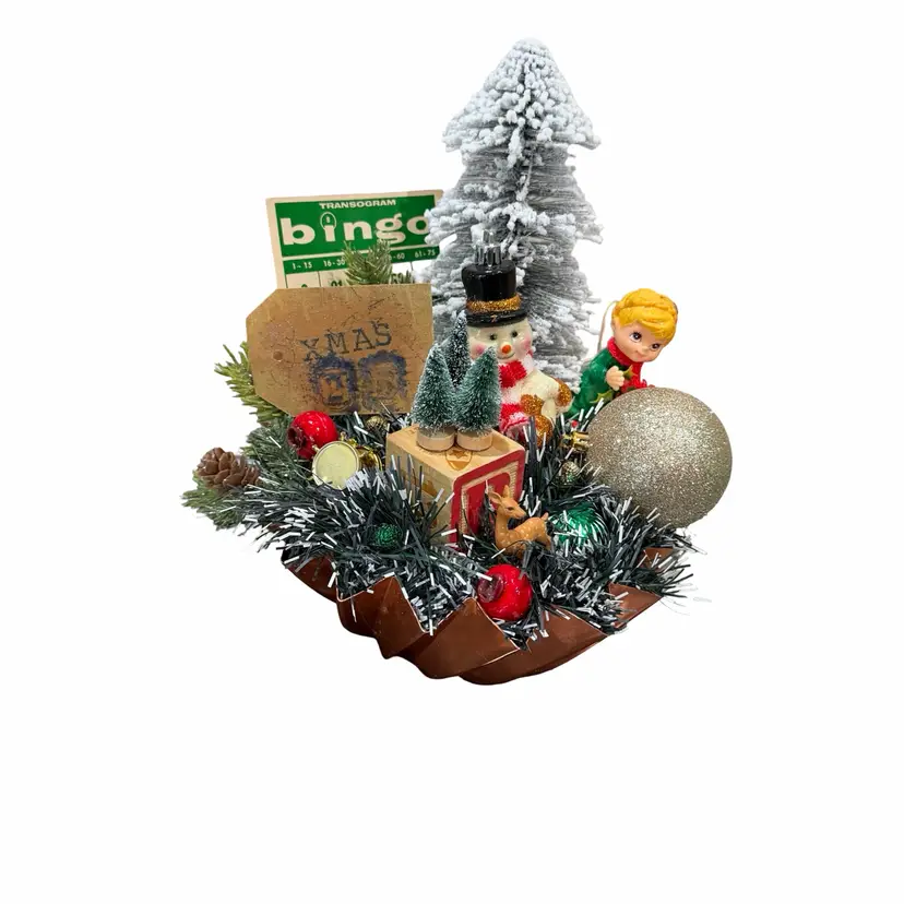 09 Vintage Upcycled Christmas Kitschy Assamblage 11”