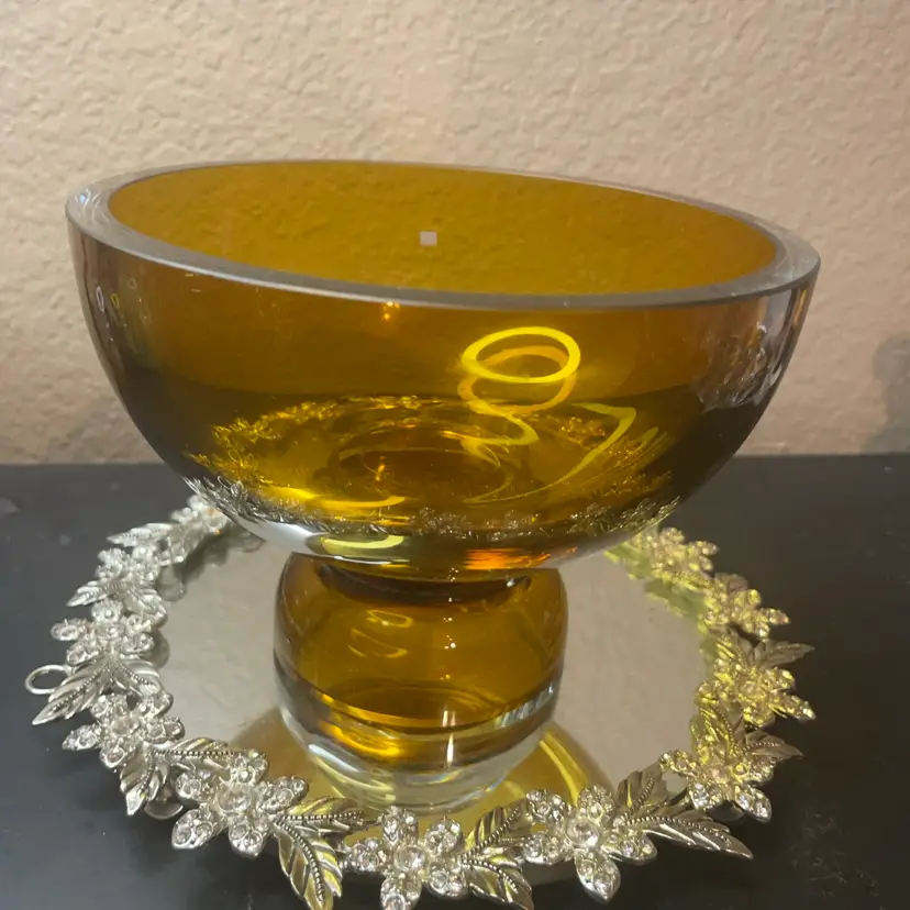 Gorgeous Etched Waterford Ireland 6” Amber Pedestal Bowl