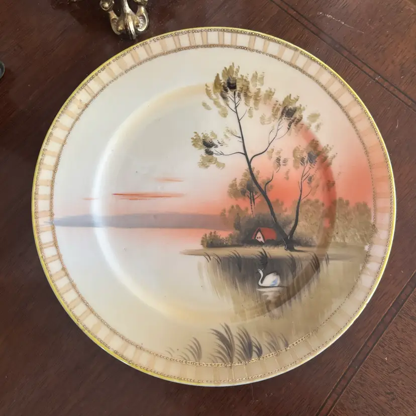 🐇Vintage Japanese Hand Painted Cabin Lake Swan Plate