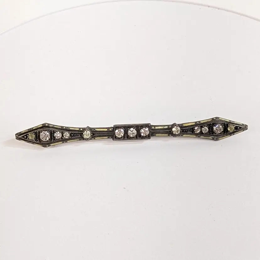 Vintage R&F Sterling Silver Thin Art Deco Enamel Bar Pin Brooch Rhinestones 2.5"