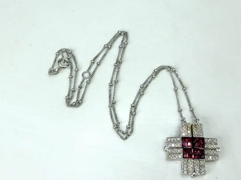 Italian 14K White Gold Ruby Diamond Expandable Cross Necklace 22.4g 17" JR2000