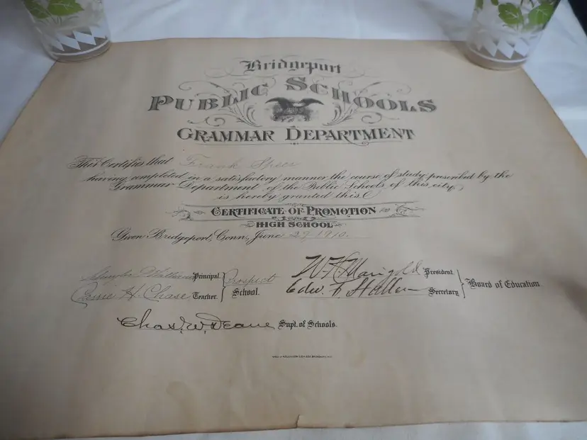 Grammar Department Certificate Graduation Speer Unframed 1910 Bridgeport CT