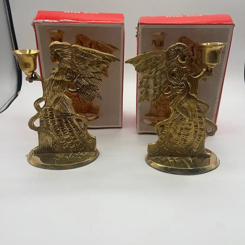 06-Solid Brass Angel Candleholders Set Up To 6.75 Inches Each