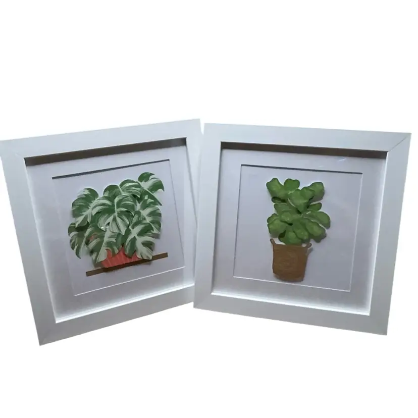 Set Of 2 Footed 3D Plant Pictures Striped Pot And Brown Basket - Can Also Be Hung