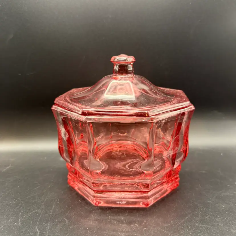 Indiana Glass Concord Pink Octagon Covered Candy Dish/Vanity Jar