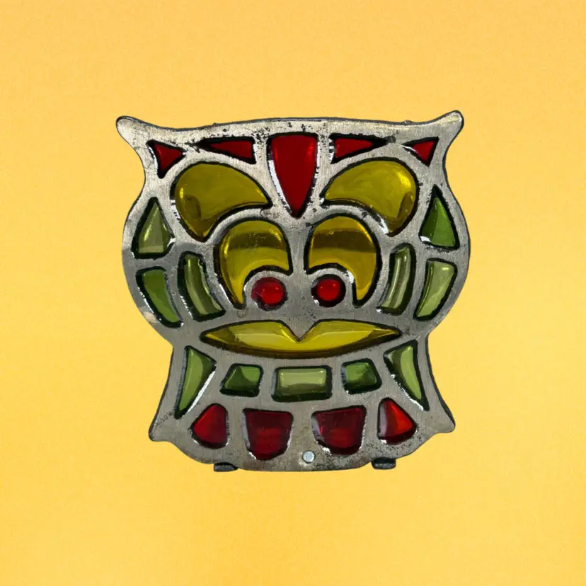 Vintage Cast Metal Stained Glass Owl Letter Holder / Napkin Holder – Mid Century Desk Organizer
