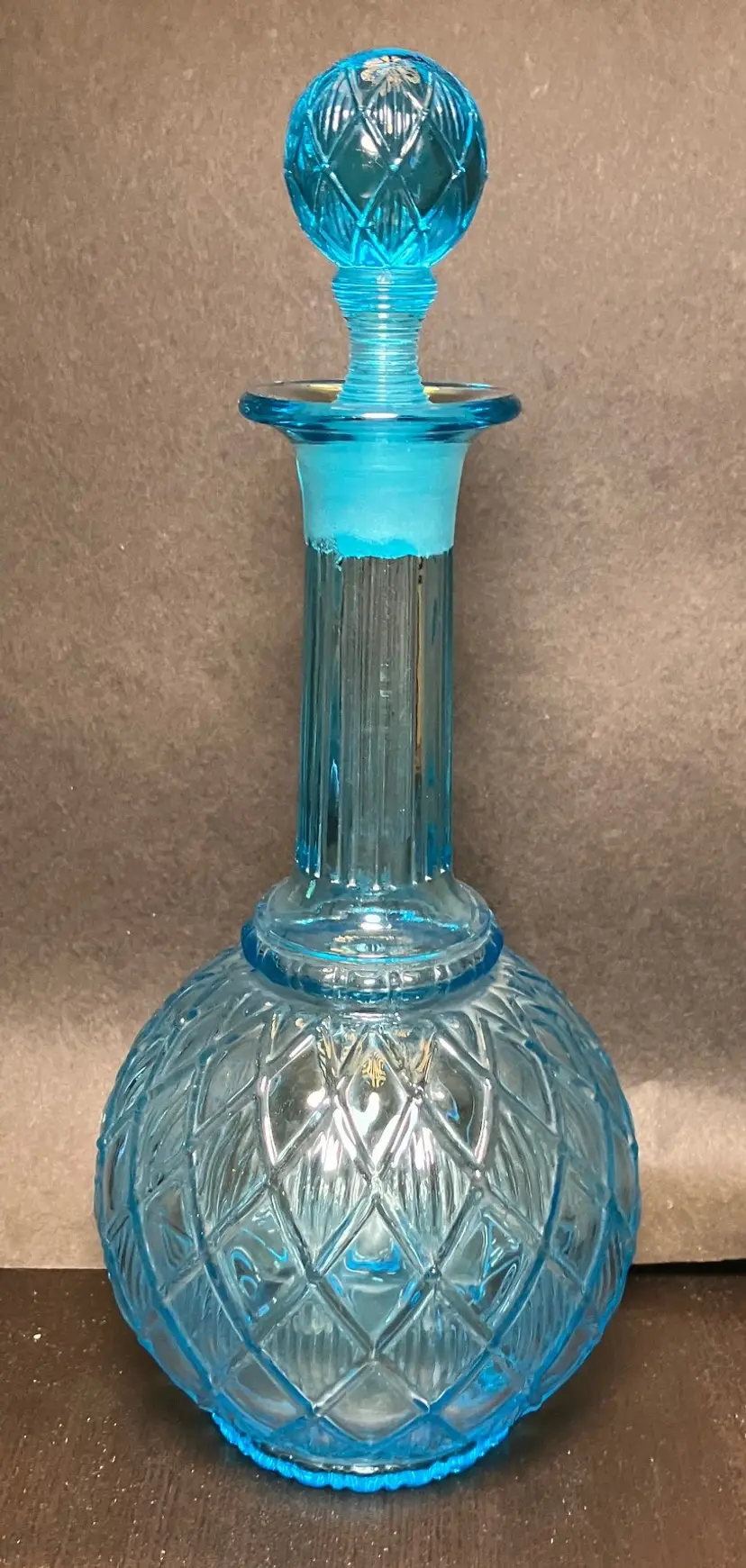 VTG Empoli Italian Glass Decanter Peacock Blue Diamond Optic Pattern