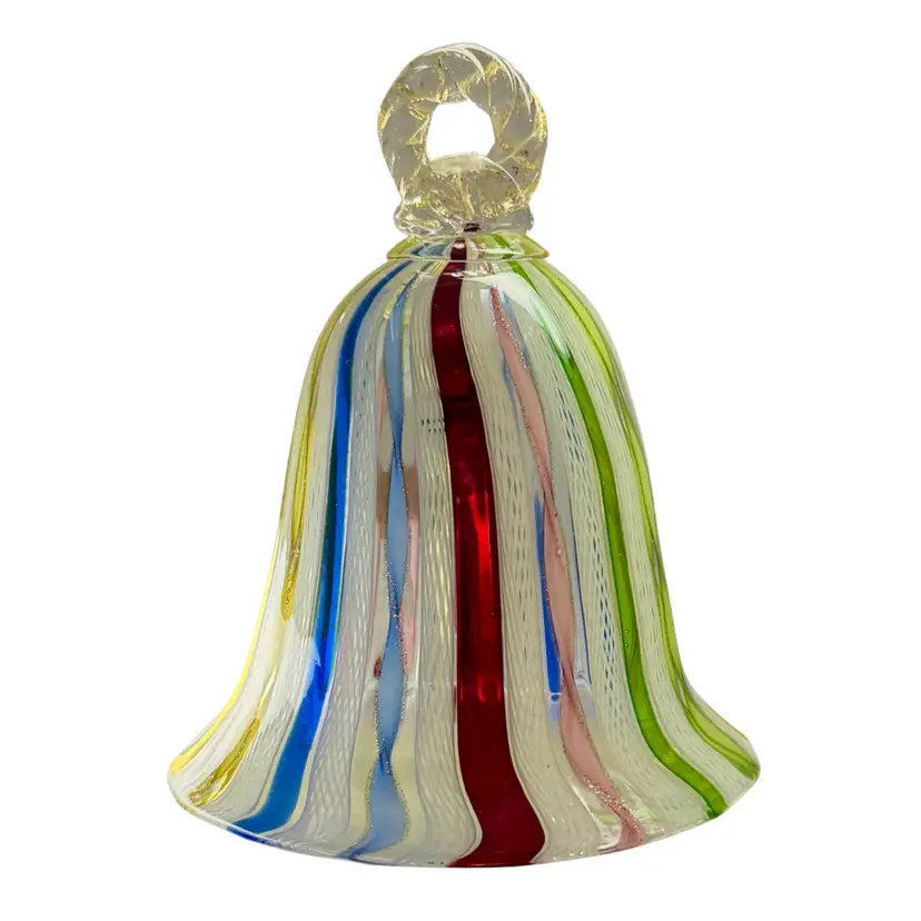 Large Vtg Murano Latticino Art Glass Bell Red•Blue•Green•Yellow•Pink & Twisted Ribbons•twisted Aventurine Handle
5”T x 4” W