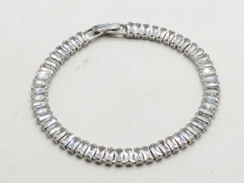 Vintage Silver Tone Tennis Bracelet with Clear Baguette Rhinestones