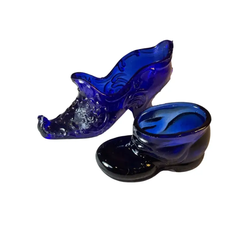 Mismatched Pair!  Vintage Cobalt Pressed Glass Toothpick Holder Boot & Mosser Victorian Roses & Whorls Shoe - 6” & 4”