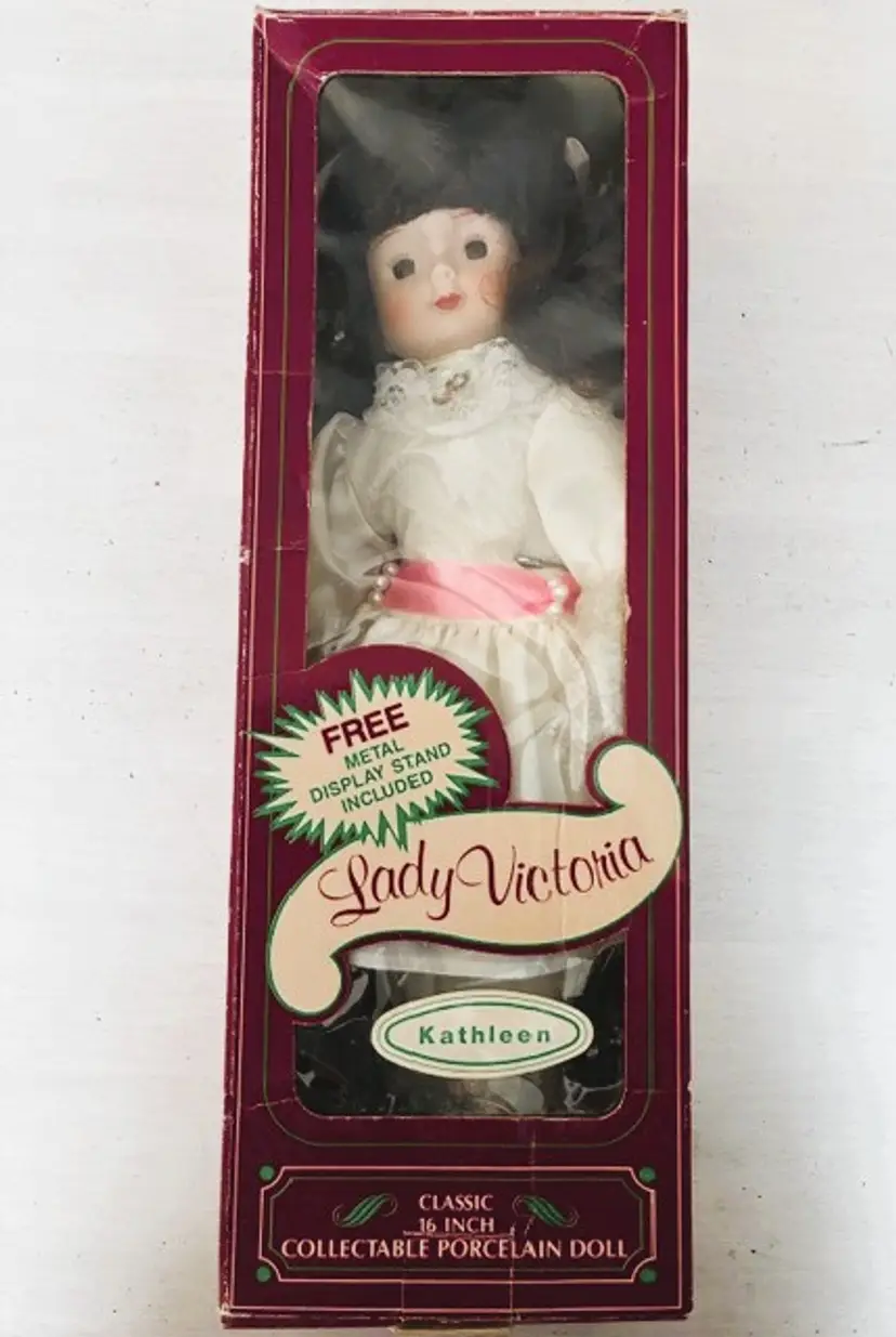 Porcelain Doll 16" Lady Victoria Kathleen White satin dress with pink ribbon
