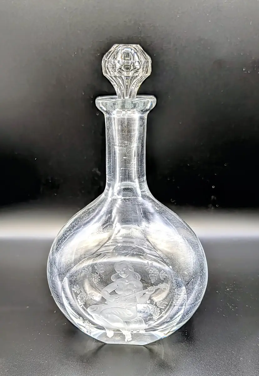 Orrefors Nils Landberg Signed Crystal Decanter Etched Nude Lute 1983 Sweden 9"