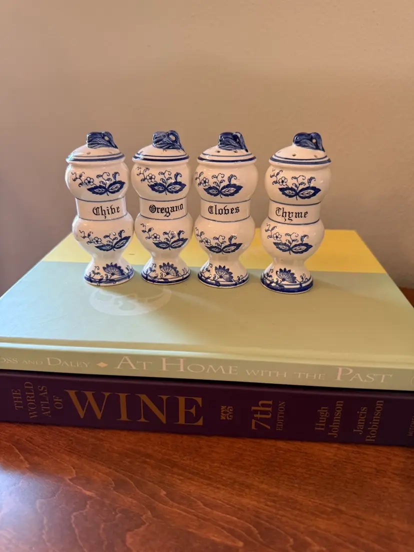 ☀️4-1/4” H Vintage Porcelain Spice Shakers - Chive, Oregano, Cloves and Thyme