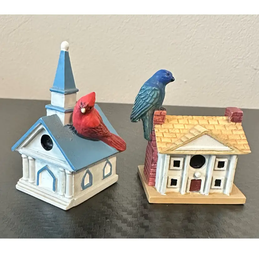Lenox Mini Bird Houses - Cardinal On Church & Indigo Bunting On House