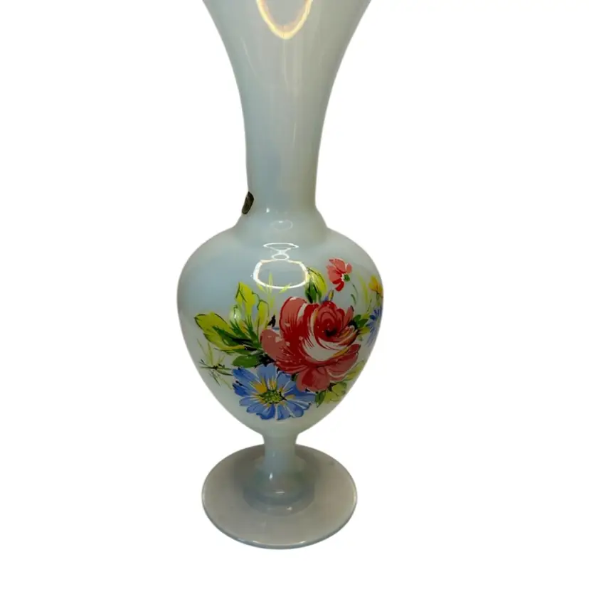 Vintage 1950’s Italian Milk Glass Bud Vase Hand Painted Florals And Gold Rim Hint Of Blue Iridescent Color @7 1/2” Tall