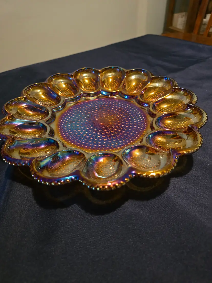 Vintage Indiana Glass Marigold Carnival Deviled Egg Plate Hobnail 11.25” MINT