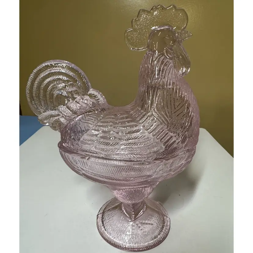 LE Smith Pink Glass Rooster Standing Candy Dish Bowl Vintage 8.75” tall