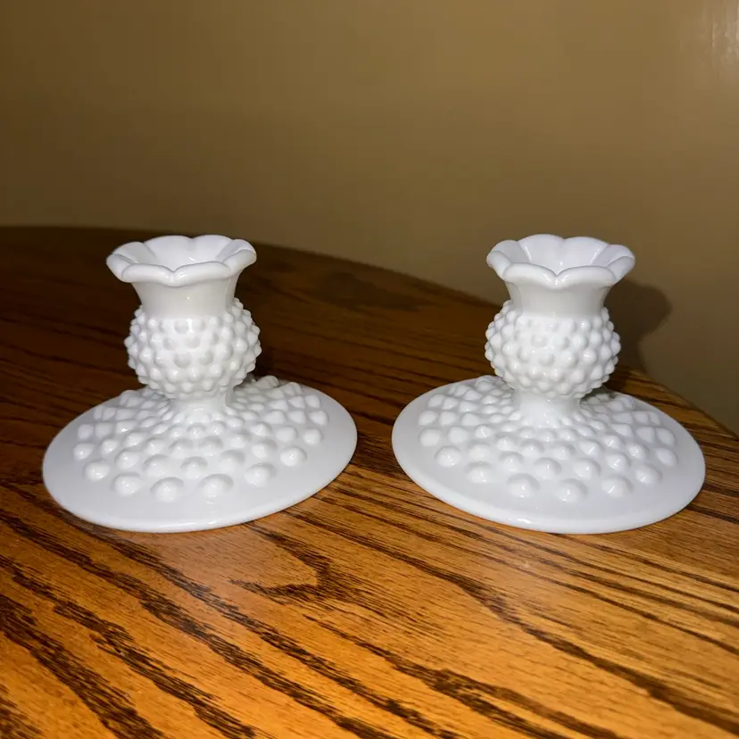 FENTON MILK GLASS HOBNAIL TAPER CANDLE HOLDERS SET OF 2