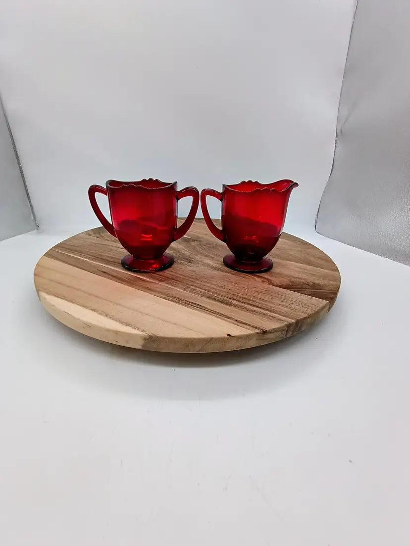 Vintage New Martinsville Ruby Red Creamer & Open Sugar Bowl Scalloped Edge