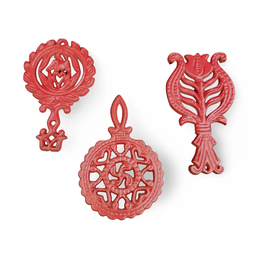 Vintage Cast Iron Red Enamel Trivets - Eagle, Tulip & Wheel - Set of 3 Folk Art Wilton Wall Hanging Decor