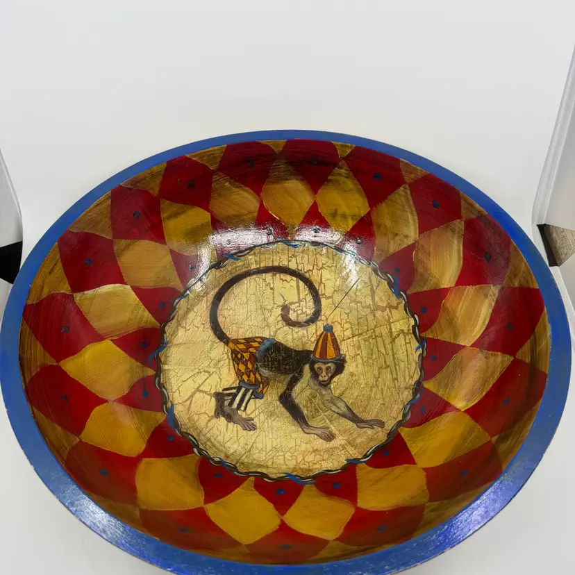 Vintage Paul Munro Painted Wood Yellow Centerpiece Bowl W Monkey W Hat 6 X 17”